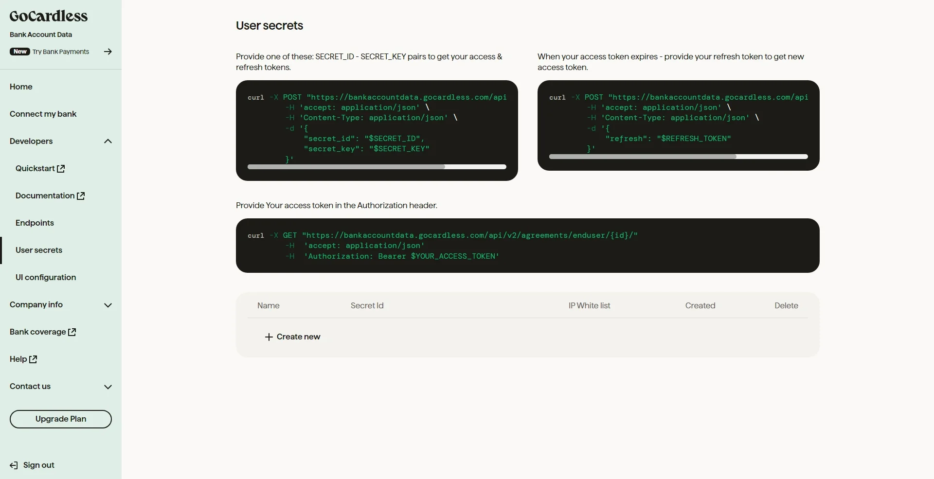 Screenshot of GoCardless page for creating API secrets