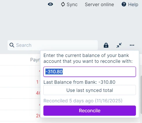 Image of reconcile box with bank sync